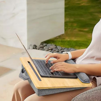 Bamboo Lap Desk for Laptop with Cushion Tablet Phone Holder Handle - size: 16.5"x13.4" Fixed