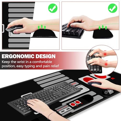 ARTSO Large Gaming Mouse Pad, Keyboard Wrist Rest Pad & Wrist Support Mousepad Set, Stitched Edge, Extended, Non-Slip Base, Memory Foam Desk Mat, Black Game Console - color: Black Game Console