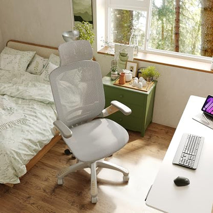 GABRYLLY Ergonomic Office Chair, High Back Home Desk Chair with Flip-Up Arms, Headrest, 90-120° Tilt and Wide Cushion, 300LBS White Mesh Chair for Work Gaming Study (GY01-NT, Woodgrain Pattern) - color: White Frame Moon Grey Mesh