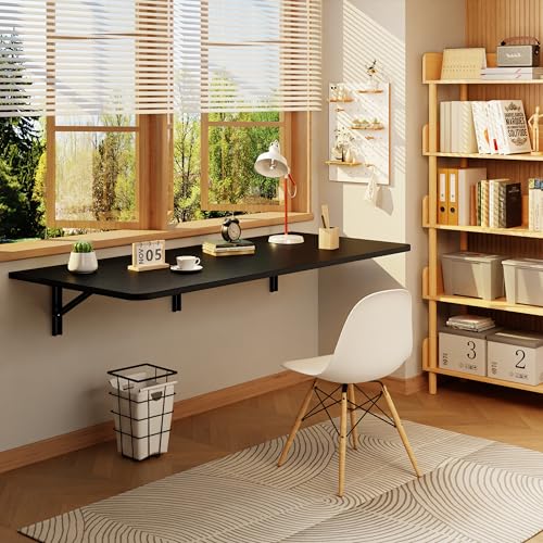 IAE Wall Mounted Folding Desk,Floating Computer Desk for Small Spaces,Black | 48x22in engineered wood desktop with metal brackets, folds flat to save space in home office, apartment and laundry room - color: Black, size: 48"*22"