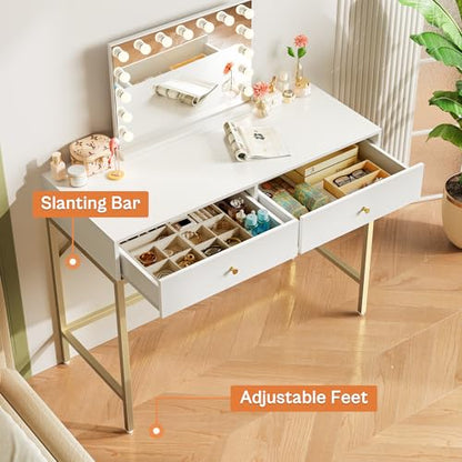 SUPERJARE 39.4" White and Gold Desk with 2 Drawers, Modern Makeup Desk - color: White and Gold, size: 39.4 inch