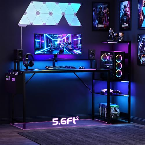 Gaming Desk 54 Inch Computer Table with Storage Shelves & Monitor Stand | LED Setup Style, PC Tower Stand, Reversible Workstation, USB Charging Port, for Home Office Desk, Bedroom, Dorm, Black - size: 54inch
