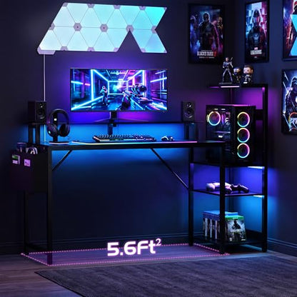 Gaming Desk 54 Inch Computer Table with Storage Shelves & Monitor Stand | LED Setup Style, PC Tower Stand, Reversible Workstation, USB Charging Port, for Home Office Desk, Bedroom, Dorm, Black - size: 54inch