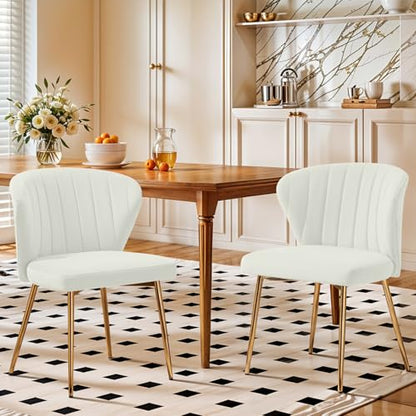 Velvet Dining Chairs Set of 2, Modern Upholstered Vanity Chairs with Golden Metal Legs for Dining Room Kitchen Vanity Patio (White) - color: White-1