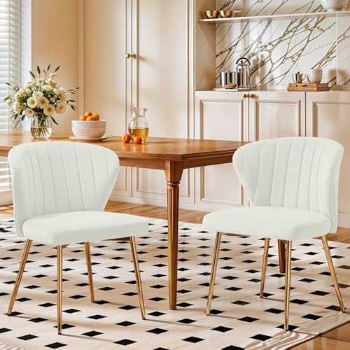 Velvet Dining Chairs Set of 2, Modern Upholstered Vanity Chairs with Golden Metal Legs for Dining Room Kitchen Vanity Patio (White) - color: White-1