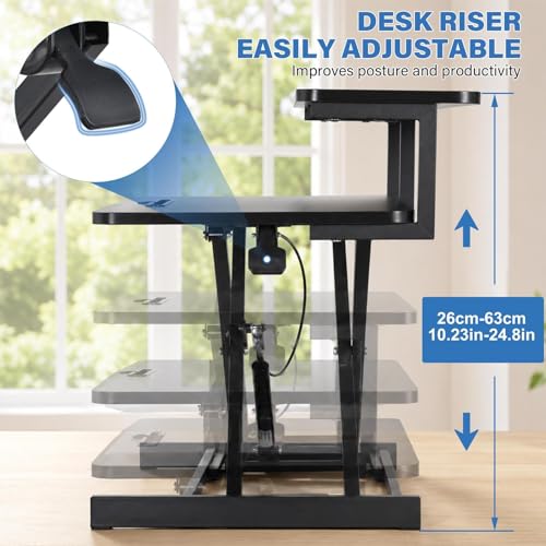 37" Height Adjustable Standing Desk Converter, 4.9" to18.5 Height Adjustable Sit Stand Up Desk Riser with Secondary Desks, Desktop Workstation Riser for Home Office Computer Laptop, Black - color: Black