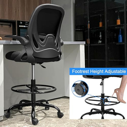 Drafting Chair Tall Office Chair with Flip-up Armrests Executive Ergonomic Computer Standing Desk Chair with Lumbar Support and Adjustable Footrest Ring (Black) - color: Black, size: 934-Z