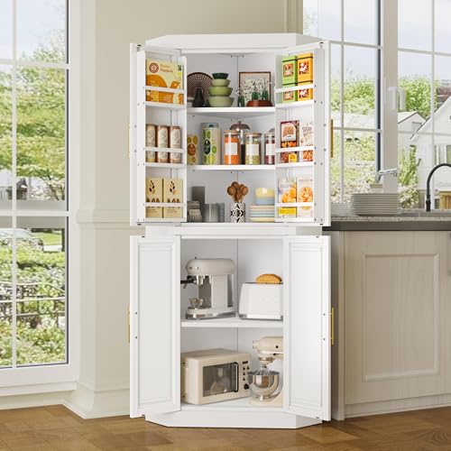 GAIOUS 63" Tall Steel Corner Cabinet, Metal Storage Cabinets with 4 Doors and 3 Shelves, Pantry Cabinets with 6 Door Panel Shelves, Farmhouse Cupboard for Kitchen Dining Room Hallways, White - color: White, size: 20.47"D x 20.47"W x 62.99"H