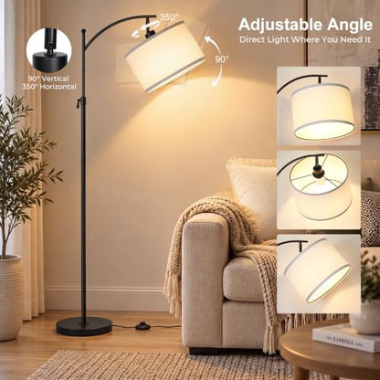 JUNNAI Black Arc Floor Lamp 55-63" Adjustable, 3 Color 9W LED Bulb Included - color: Black+White Shade-Arc