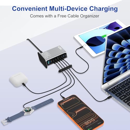 520W USB C Charger Station, 8-Port (4C+4A) GaN Fast Charger Block, 100W PD PPS for MacBook/iPad/iPhone, with PFC & Anti-Slip Base, Ventilation Design, Include 1.5M 100W Cable & Cable Organizer - color: silver