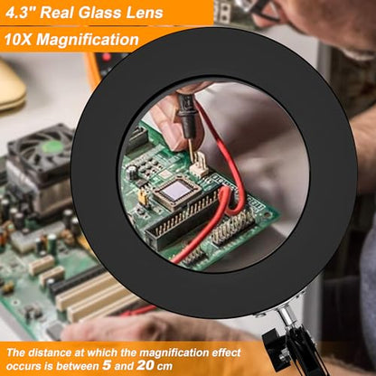 10X Magnifying Glass with Light and Stand, Magnifier with Light Hands Free, 3 Color Modes 10 Level Dimmable, Magnifying Real Glass LED Desk Lamp for Close Work, Repair, Reading, Craft, Black - color: Black