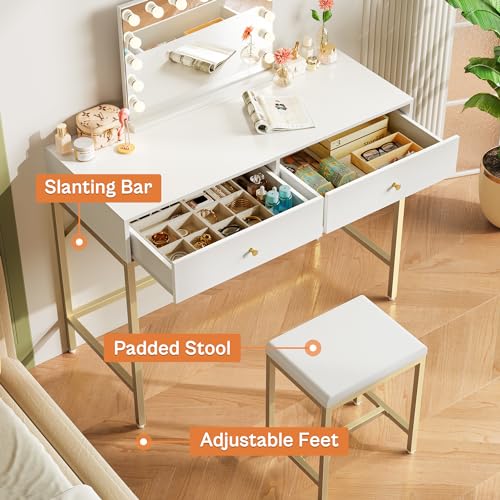 SUPERJARE 35.4" White and Gold Desk with 2 Drawers, Modern Makeup Vanity - color: Gold and White, size: 35.4 inch