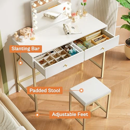 SUPERJARE 35.4" White and Gold Desk with 2 Drawers, Modern Makeup Vanity - color: Gold and White, size: 35.4 inch