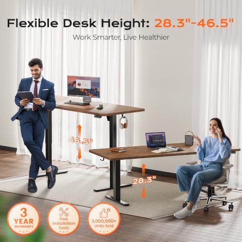 Huuger 71 x 30 Large Electric Standing Desk, Height Adjustable Computer Desk, 29.5" Deep Desktop, Stand up Gaming Office Table with 2 Hooks, 3 Preset Heights, for Home Office, Rustic Brown - color: Rustic Brown, size: 71*30 inch (no outlets)
