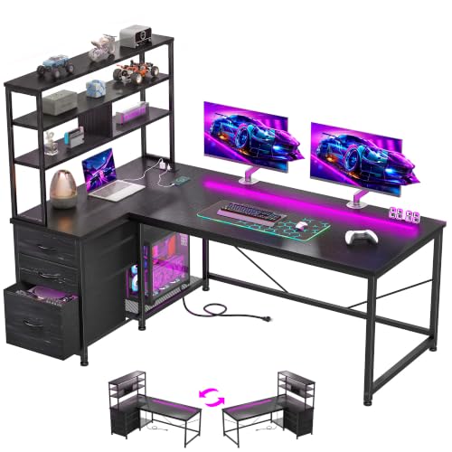 DurayLoly 55" L Shaped Gaming Desk with 3 Fabric Drawers & Shelves - color: Black, size: 18.9"D x 55.1"W x 59"H