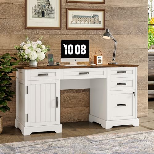 Alohappy 55'' Farmhouse Executive Desk with File Cabinet, Home Office Wood Computer Desk with Drawers and Power Outlets, White - color: White, size: 55''