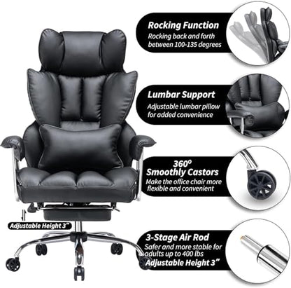 Efomao Big and Tall Office Chair with Foot Rest 400LBS, PU Leather Computer Chair, Heavy Duty Executive Office Chair with Lumbar Support, Black Home Office Chairs | 400lbs support, 135° recline, dual-layer foam cushion, 23.5" seat & footrest. BIFMA - colo