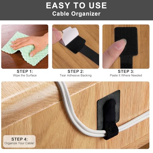 50-Pack Reusable Self-Adhesive Cable Ties Cable Management Adjustable Hook & Loop Straps for Organizing Data Cables, Wires, Headphones Under-Table Cord Management for Home, Office