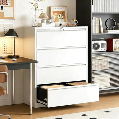 Industrial 36" W Premium Lateral File Cabinet with Lock, Metal Filing Cabinets, Adjustable Hangrails for A4, Legal, Letter Files, White - color: White, size: W36" - 4 Drawers