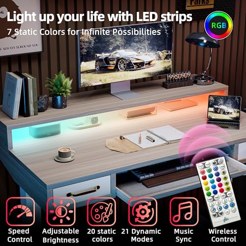 TIQLAB Standing Desk with Two Drawers, Stand Up Standing Desk Adjustable Height, Electric Sit Stand Table with Storage Shelf and Splice Board, with LED Light, 55 * 28 inch, Light Walnut - color: Light Walnut, size: 55*28 inch with keyboard tray