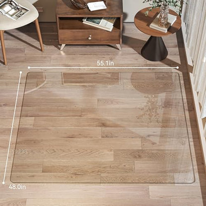 Tempered Glass Chair Mat, 55" x 48" Heavy Duty Chair Mat Round Corner with Polished Edge, Clear Office Chair Mat for Office Home Hard Floor Carpeted, Transparent, Glides Smoothly, Easy Clean - size: 55" x 48"