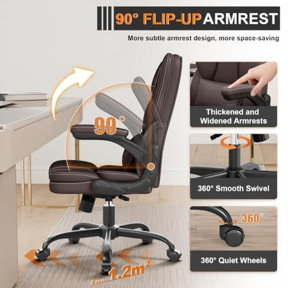Executive Office Chair Flip Up Arms Lumbar Support Home Office Desk Chair - color: Coffee