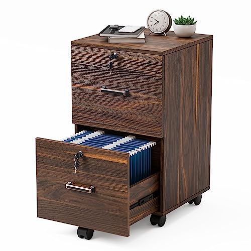 VINGLI 2 Drawer File Cabinet with Lock, Wood Dark Brown File Cabinets for Letter Size File Folders with Tabs, Under Desk Rolling Filing Cabinet for Home Office, Mobile File Organizer Printer Stand - color: Dark Brown, size: Standard 2 Drawer