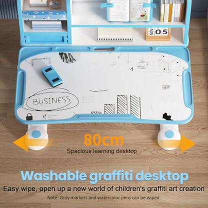 Kids Desk and Chair Set- 3-12 Height Adjustable Ergonomic Art Desk | School Study Desk, 50° Tiltable Desktop, Easy-Turn Crank, Storage Drawer & Built-in Bookstand for Children Boys & Girls - color: 015-blue-31.5in