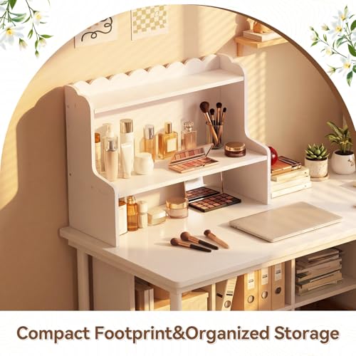 Amyhill Wooden Office Desktop Storage, 2-Tier Scalloped Tabletop Organizer Shelf for Cosmetics, Stationery, Office Supplies, Space-Saving Display Rack for Bedroom, Dorm