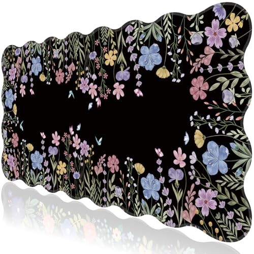 L-SPOUTTO Black Floral Mouse Pad,Scalloped Desk Mat XXL Gaming Mousepad | Botanical 35.4x15.7in Large Non-Slip Rubber Base Keyboard Pad Waterproof Desktop Mat for Laptop Computer Game Home Office - color: Flowers