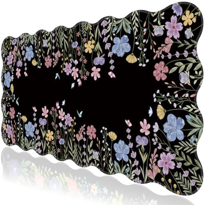 L-SPOUTTO Black Floral Mouse Pad,Scalloped Desk Mat XXL Gaming Mousepad | Botanical 35.4x15.7in Large Non-Slip Rubber Base Keyboard Pad Waterproof Desktop Mat for Laptop Computer Game Home Office - color: Flowers