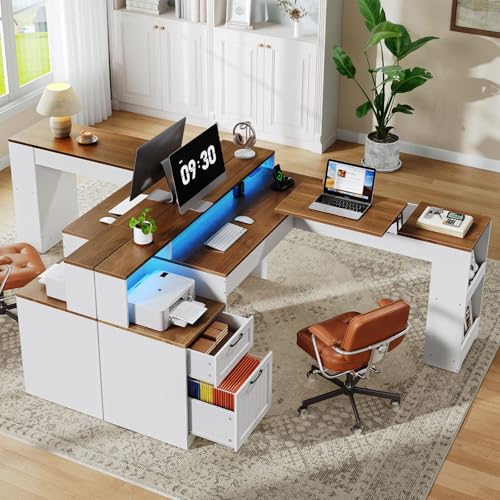 Farmhouse 63" L Shaped Standing Desk, Corner Computer Desk with Drawers, Office Desk with File Drawers with RGB Lighting & Charging Station, Monitor Stand and Storage Shelves, White and Walnut