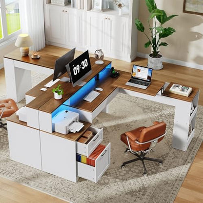 Farmhouse 63" L Shaped Standing Desk, Corner Computer Desk with Drawers, Office Desk with File Drawers with RGB Lighting & Charging Station, Monitor Stand and Storage Shelves, White and Walnut
