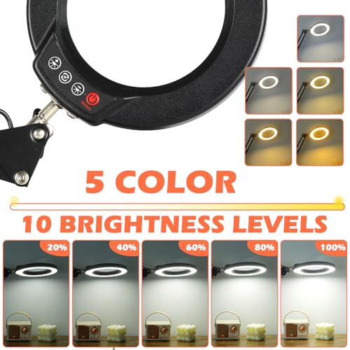 12X Magnifying Glass with Light and Stand, Real Glass Lens Magnifying Desk Lamp, Lighted Magnifier with Light Stepless Dimming Hands Free for Craft, Reading, Painting, Sewing, Solder - color: Black