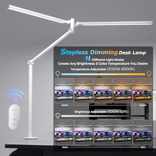 Airlonv LED Desk Lamp, Double Swing Arm Wide Lighting Area Desk Lamps for Home Office with Stepless Dimming, Eye-Caring Architect Desk Light with Clamp for Reading, Study, Workbench, Drafting(White) - color: Matte White, size: Large
