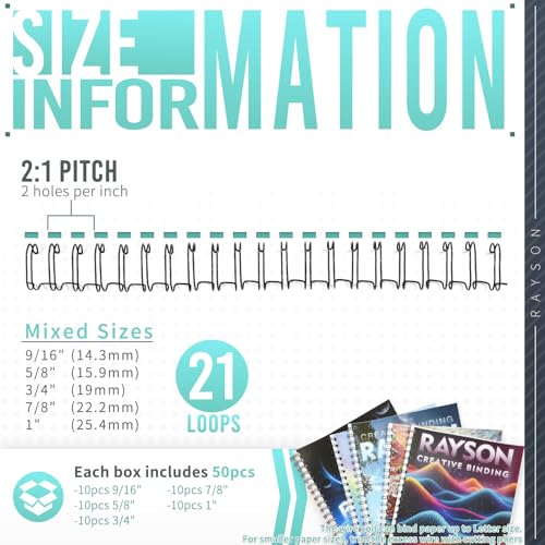 Rayson Wire Binding Spines, 2:1 Pitch, 21-Loop Black, Mixed Sizes, 50 Pack | Includes 9/16", 5/8", 3/4", 7/8" and 1" sizes; black 2:1 pitch wires for compatible wire binding machines. - size: Multi-Size 9/16", 5/8", 3/4", 7/8", 1"