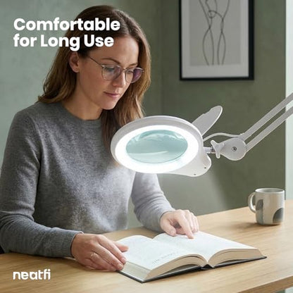 Neatfi LED Magnifying Floor Lamp 1,200 Lumens – 5” Bifocal Glass Lens, Dual Magnification 2.25X + 6X, Dimmable Task Light | Adjustable Arm, Rolling Base | Reading, Crafting & Sewing (White, 5 Inches) - color: White, size: 5 Inches