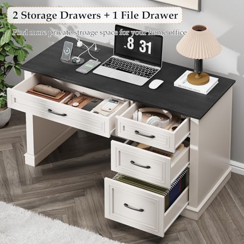 Vabches Farmhouse 47" Workstation Computer Desk with Drawers, Antique Black | Executive Desk with File Drawer and Charging Station for Home Office,Study. - color: Antique Black