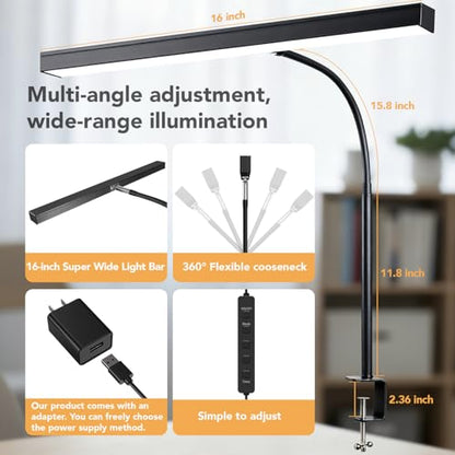 LED Desk Lamp with clamp, Remote Control Desk Lamp, 5 Color Modes & 10 Brightness Levels, 17'' Wide Light Bar, Eye Caring Gooseneck Desk Light, Adapter Included - color: Black