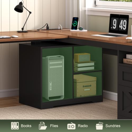 YOMILUVE Farmhouse L Shaped Standing Desk, 66 inch Corner Electric Standing Desk with Drawers ＆ Storage Shelves, Height Adjustable Computer Desk with Power Outlets for Home Office (Black and Brown) | Corner Electric Standing Desk with Drawers ＆ Storage Sh