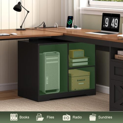 YOMILUVE Farmhouse L Shaped Standing Desk, 66 inch Corner Electric Standing Desk with Drawers ＆ Storage Shelves, Height Adjustable Computer Desk with Power Outlets for Home Office (Black and Brown) | Corner Electric Standing Desk with Drawers ＆ Storage Sh