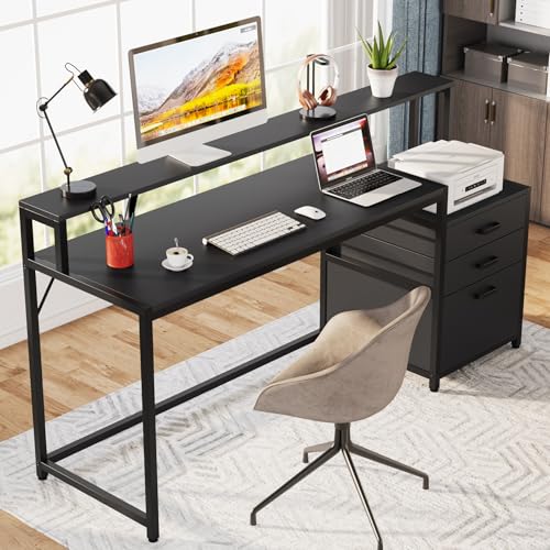 Tribesigns 63 Inch Computer Desk with File Drawer Cabinet, Home Office Desk - color: Black