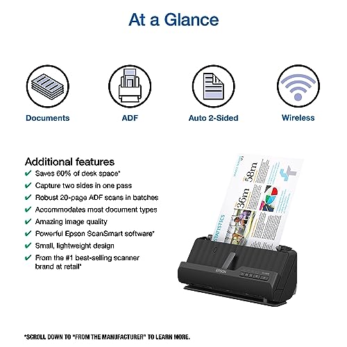 Epson Workforce ES-C320W Wireless Compact Document Scanner Duplex 20-pg ADF | 20-Page Auto Feeder 2-Sided Duplex Scanning Mobile Connectivity Paper and Card Support - style: ES-C320