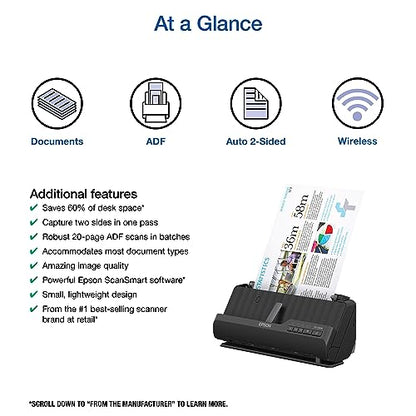 Epson Workforce ES-C320W Wireless Compact Document Scanner Duplex 20-pg ADF | 20-Page Auto Feeder 2-Sided Duplex Scanning Mobile Connectivity Paper and Card Support - style: ES-C320