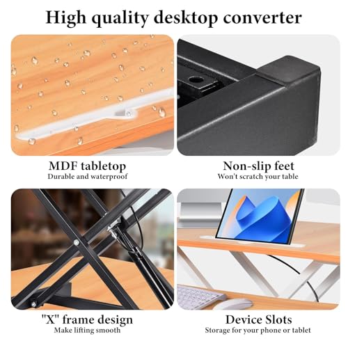 Standing Desk Converter 37 Inch – Height Adjustable Desk Riser with GasSpring Lift, Duals Screen Converter and Laptop Workstation, Sit Stand Ergonomic Riser with Wide Keyboard Tray for Offices (Wood) - color: Natural Wood
