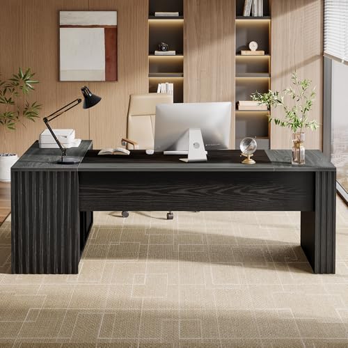Tribesigns 78" L Shaped Executive Desk with Drawers, Large Office Computer Desk with Cabinet and Storage Shelves, Modern Business Furniture Sets Workstation for Home Office (Gray&Black) - color: Gray&black
