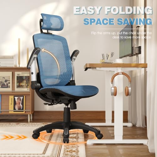 GABRYLLY Ergonomic Office Chair, High Back Home Desk Chair with 2D Flip-Up Arms, 3D Headrest, 90-120° Tilt and Wide Cushion, Big and Tall Mesh Chairs for Man Woman, Blue Computer Task Chair - color: Navy Blue