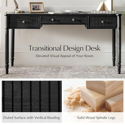 HULALA HOME 60 Inches Fluted Writing Desk with Charging Station, Black - color: Black