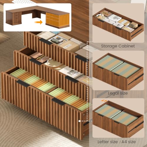 SEDETA Fluted 78.8" L Shaped Desk with 6 Drawers, Fluted Brown - color: Fluted Brown, size: 78.8" L Shaped Desk