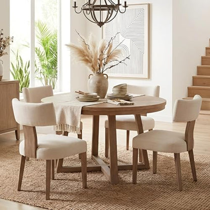 HNY Mid Century Modern Dining Chairs Set of 2, Upholstered Linen Kitchen & Dining Room Chairs with Ergonomic Curved Backrest, Solid Wood Legs, Farmhouse Accent Chair for Home, Apartment, Beige - color: Beige Curved